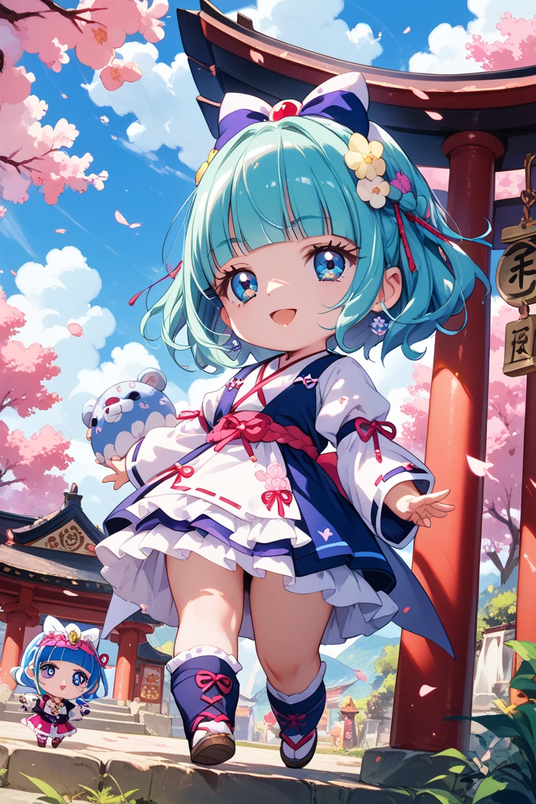 Arona,1girl,solo,shoes,white footwear,braid,blue shirt,serafuku,long sleeves,white sailor collar,hairband,white choker,bangs,smile,single braid,bow hairband,cityscape,sitting on rock,cherry blossom forest,falling petals,, (masterpiece), (best quality), HDR, intricate detail,(no_pants,underwear,panties,blue_striped_panties)