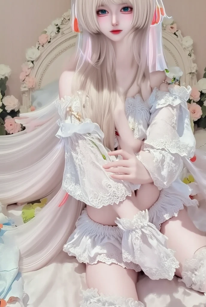 Sleeping Girl,White goddess blue eyes in human shape、beautiful body of a flower of a very attractive age with white pubic hair,,,,,,,,Naked,On the white curtain bed of the royal palace of another world,Get pleasure,open one's legs,getting on all fours,Pointing your ass at the camera in doggie style,
