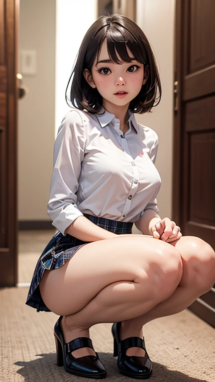 ultra highres,(reality: 1.4),highest quality, masterpiece, high detail, 16K quality, beautiful, 1 beautiful girl,japanese,super beautiful face,baby face,japanese idol face,super cute face,super detailed face,detailed hand,beautiful skin,glossy skin,wet skin,big eyes,smile,cinematic lighting,short hair,brown hair,brown beautiful eyes, white shirt,open shirt,bare nipples,medium breasts,checked skirt,skirt lift,sitting with knee up,spread legs,arms behind back,(((show off pussy))),(detiled pussy),necklace,high socks,under hair,nsfw,she is looking at the camera,class room,
