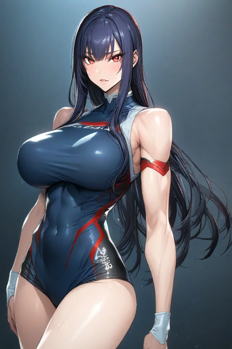 (high quality, ultra-detailed, realistic:1.37), 1 girl, hands raised above head, (Abdominal muscles are bulging and strong), ((strong waist), Nipple protrusion, Streamlined S figure, big breasts, (((nose blush))), Chest focus, abs focus, Rubber bodysuit, ((cowboy shot))