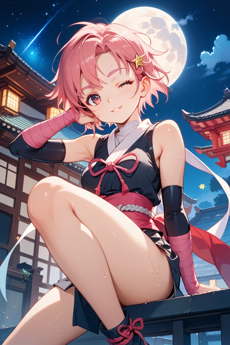 (( One Girl)), (Browsing Caution)、blush,Pink Hair、((Wavy Hair、Short Hair))、Swollen nipples、Orange eyes、(((Red Ao Dai))) ,Ahoge、on stage、Flat Chest、Big Ass、((Thick thighs))、Sweat、((:D))、surprised、(Straight hair)、Spread your legs、(White shoulder rest)、Gold decoration、Blue Crystal