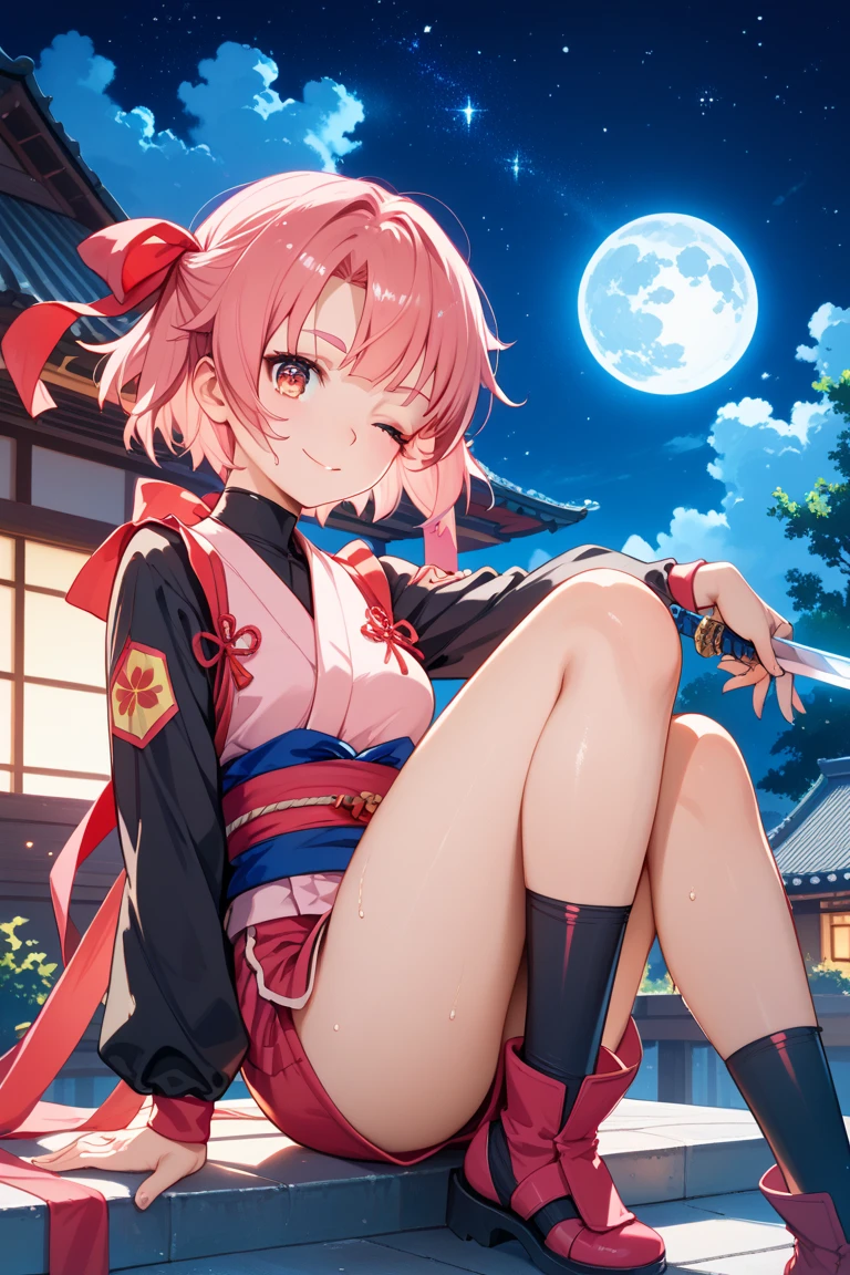 (top-quality:1.1), (masterpiece:1.4), (absurderes:1.0), portlate, a closeup,
1girl in、Momovelia Deviluk、hair adornments、bob cuts、Shorthair pink hair、a purple eye、Medium chest、((shrine maiden clothe))、looking at the viewers、Bedroom、(red blush:1.2)、embarassed expression、(((white knee highs)))、black backgrounds、((a miniskirt))、((Opening legs))、long boots、Pumpkin Lantern、fullmoon、(Red BRA)、(Red panties)