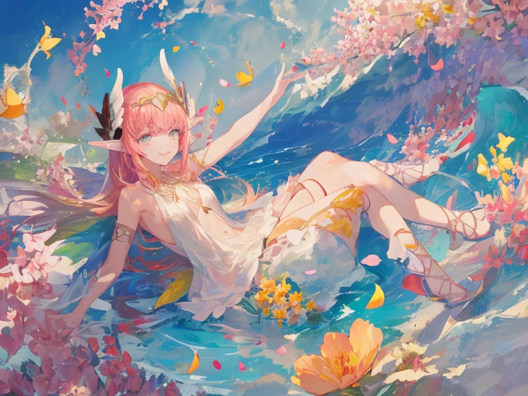 Coral pink hair，long hair，hair over one eye，gray eyes，feather hair ornament，cute，girl，swimsuit，No shoes on your feet，whole body，stand on the ground，Does not expose fingers，The background is underwater，Undersea coral reefs