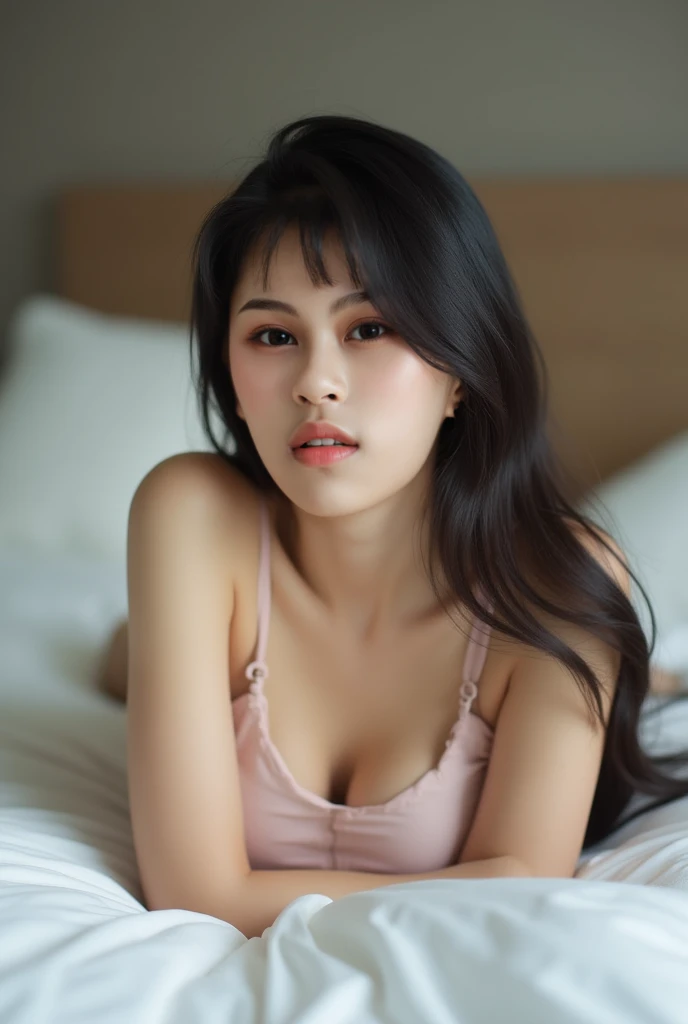 (Highly detailed photo 8k wallpaper), (masterpiece), (best quality), (super detailed), (best illustration), (best shadow), (photorealistic: 1.4), (PureErosFace_V1:0.5), real human skin, lens flare, shade, backlit, flowers, depth of field, natural light, hard focus, film grain, staring at viewer, girl alone, 21 years old, solo, Glaring underwear, embarrassed, white skin, soft lips, (light eyebrows: 1.4), shiny brown eyes, long black hair: 1.1, (small breasts), straight hair, bed, crotch open, night, (nose blush), (smile: 1.1), (closed mouth), beautiful detailed eyes, floating hair, lying on your back, full body --auto --s2