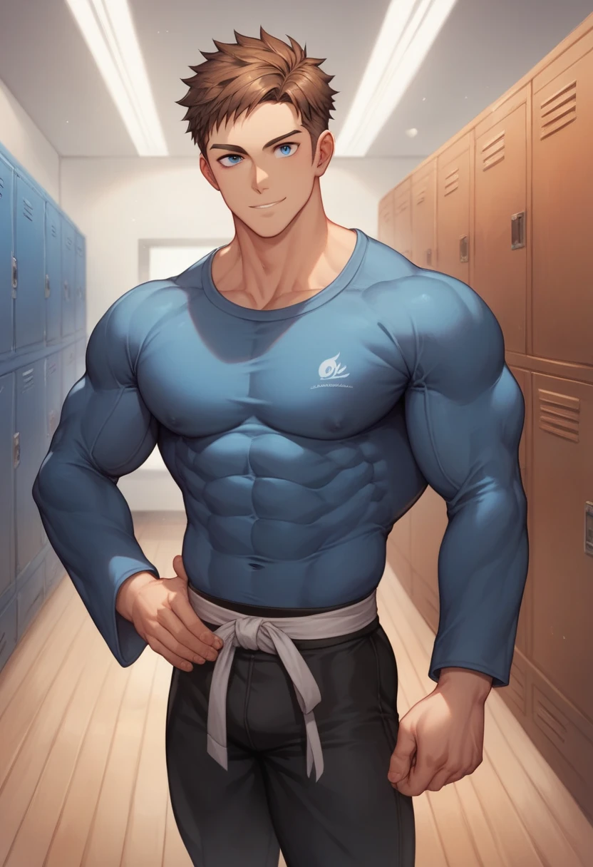 Imagine the interior of the rugby locker room, creating a humid and hot atmosphere. A young and thin man, intimidated by other big, muscular men around him, he feels ashamed. The other men are naked and laughing. The scene includes showers and some men with glasses. It uses soft colors and detailed line drawings to give the entire image a warm touch and animated feel inspired by Jibri. Make sure to make a detailed representation of the young and slim man.