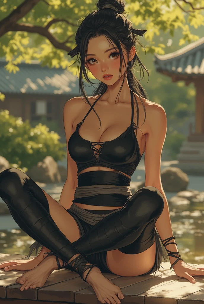 8k, highest quality, ultra high resolution, 1 female, 1980s pop culture anime style, 21 years old, (masterpiece, high resolution, detailed), Japanese, sweating, short cut, ponytail, big breasts (photorealistic) :1.4), (Famous Japanese actress:1.2), very beautiful, cute, professional photo, very delicate and beautiful, very detailed, very detailed beautiful girl, very detailed face, very detailed eyes, very detailed skin, very detailed fingers, very detailed nose, very detailed mouth, perfect anatomy, realistic body, fair skin, shiny skin, slender body, good figure, looking at viewer, smile, cute laugh Face (Black hair, (Ponytail, Beautiful girl, Perfect small face, F cup, Big breasts, Top quality, Ultra high resolution, Detailed background, Masterpiece, Anatomically correct, Detailed face, Beautiful face in every detail, Cute 20 Beautiful girl in her teens, black hair, top quality, 4K quality, beautiful, 21 year old woman doing yoga barefoot.