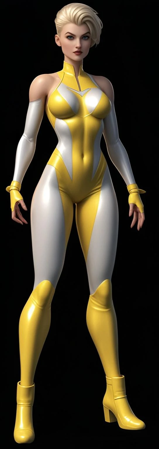 Master Piece, best quality, (extremely detailed CG unity 8k wallpaper), (best quality) 8k detail. beautiful girl. the girl to the left has dirty blonde hair and is wearing a red on top bikini and a yellow sash in the middle with silver metal shoulder gear. she is wearing yellow gloves and slip on shoes with a long stalk coming from the wrist and ankle. there is no background, white backdrop, no shadow on floor.