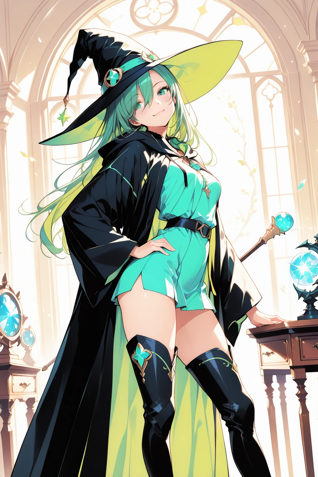 Anime Witch,Hair Color Azure,Eye Color Dark Green,The scale of the painting is breathtaking,Casts a Spell and Everything Rises with Gusts of Wind,Charming with a Beautiful Figure,hands up,Spell Book Glows Golden Color,High Definition Wallpapers 4k