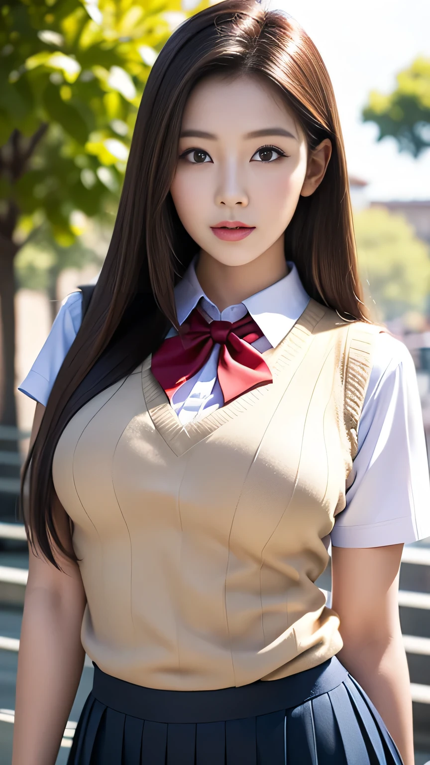 1 Japan Woman、
(((​masterpiece))), ((top-quality)), ((intricate detailes)), (((hyper realisitic)), (Very cute girl) ,(, Korean ), (Raw photo:1.2), (Photorealistic:1.4), Very detailed eyes and face, Beautiful detailed eyes, Huge file size, super detailed, High resolution, Very detailed, masutepiece,unified, 8K Wallpaper, amazing, Fine details, masutepiece, Best Quality, , Light on Face, Cinematic lighting, 1girl in, ((Large breasts:1.4)), (underboob: 1.2),((1girl in gorgeous brown long hair), (((Uniform with saggy breasts, tie, Blazer, Very short skirt,)))), (((White clothes)))