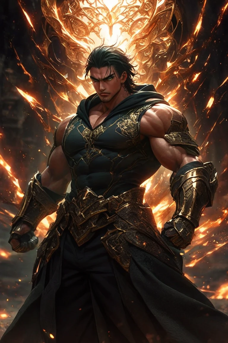 A gentleman ((Delgado)), with dark armor, of fire, Like a god ((muscular))