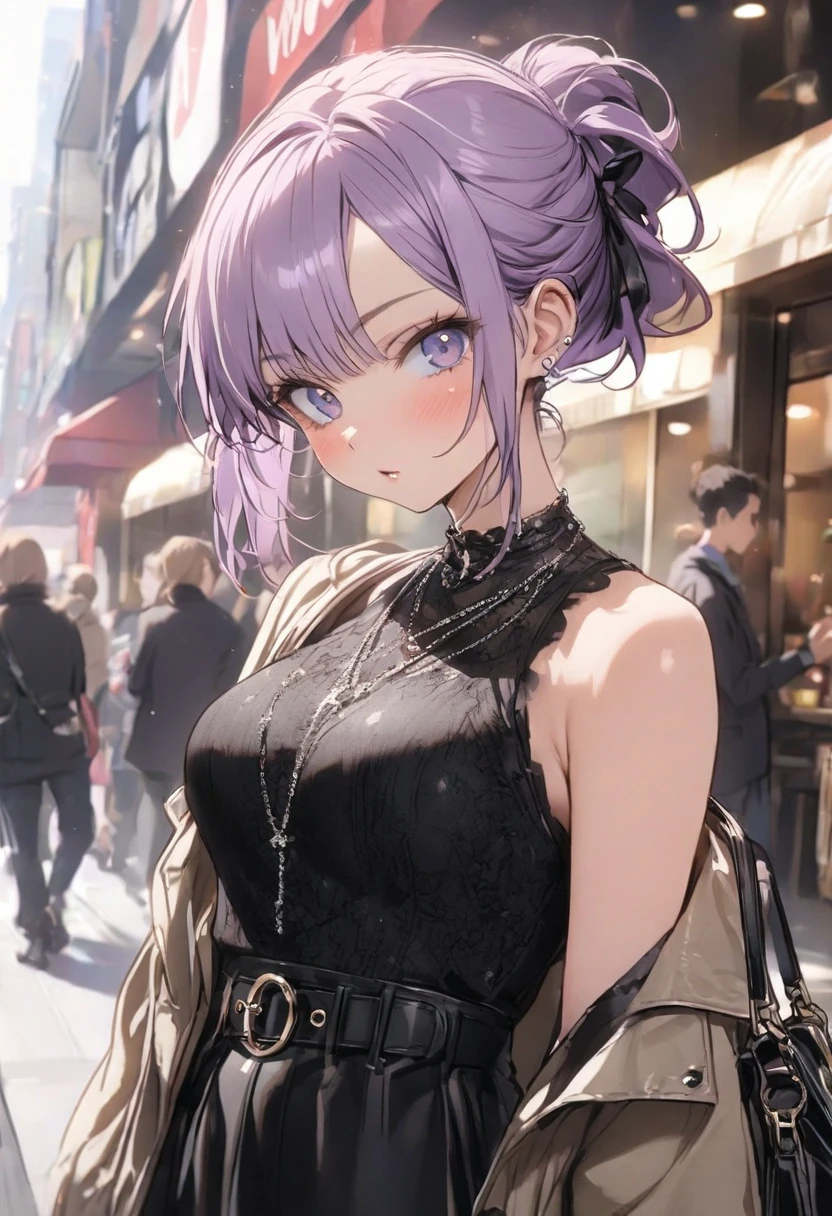 (Top image quality)，2023 Animation，Top animation quality，High-resolution details，Detailed wallpaper，(masterpiece)，(medium view), solo，A woman，upper body，Real style hair，neat lavender hair，neat bangs，Realistic style eyes，Clear golden pupils，Beauty，light smile，(Wearing only a black off-shoulder long-sleeved T-shirt with lace，a USB at necklace)，large breast，(Cleavage)，cinematic shadow，Ray Tracing，Street background，Depth of Field，High-rise buildings，Shop sign，Neon，[at night]