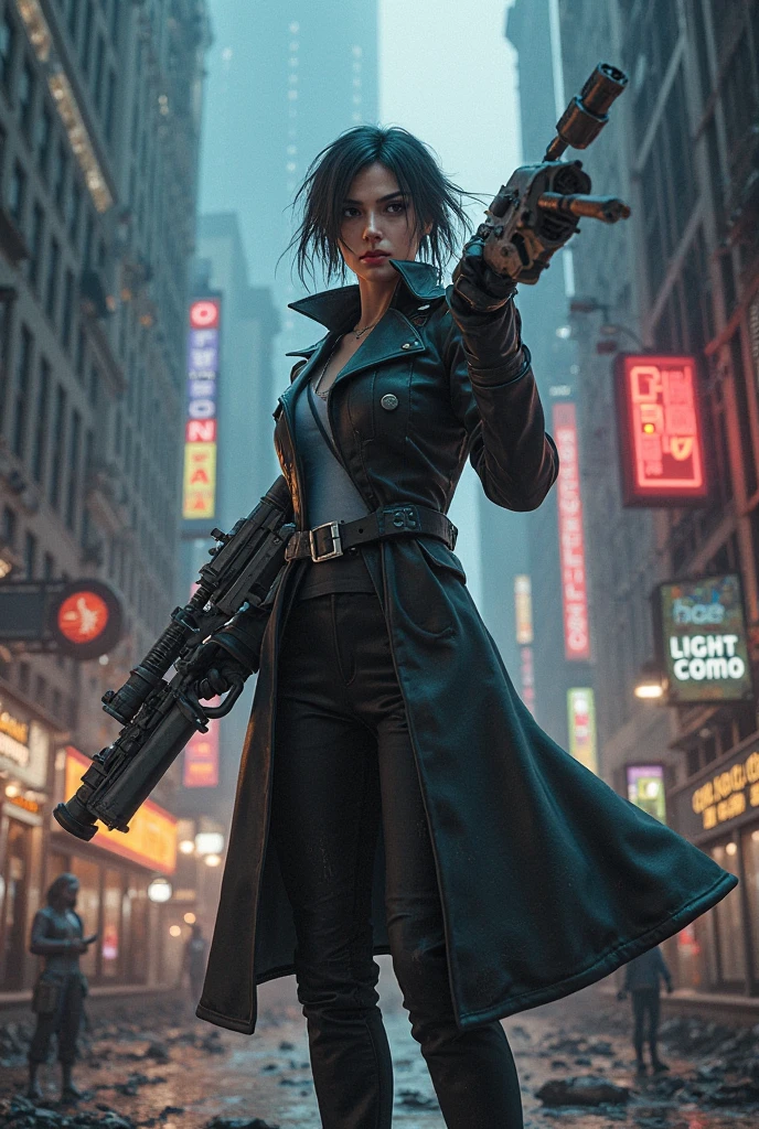 cyberpunk-style city with a nocturnal vibe with Matrix-like aesthetic references, glowing huge clock tower as time machine, green glowing cascading code. At night, (1girl, solo, alone), photorealistic, medium-breast slim:0.6 body, oval:0.5 face, cleavage:1.1, sexy black laced bra, miniskirt, white laced panty, coat, (black micro sunglasses), (aiming with a short gun), (slightly leaning forward running pose), ((half-body thigh level medium shot)), cinematic lighting, ray tracing, radial zoom blurred background.