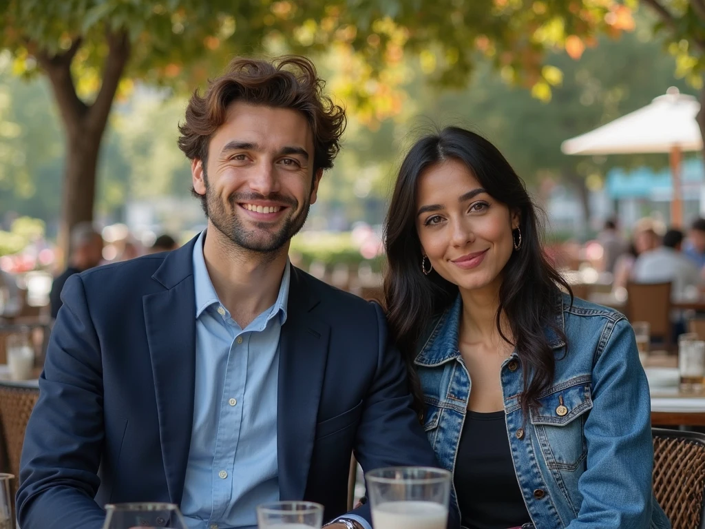 Smiling man and woman, selfie in a crowded cafe, men and women, party atmosphere, profile picture, instagram post, beauty, beautiful surroundings, profile picture, woman wears a jade heart pendant, both smiling for the camera, Reddit post, 4 k post