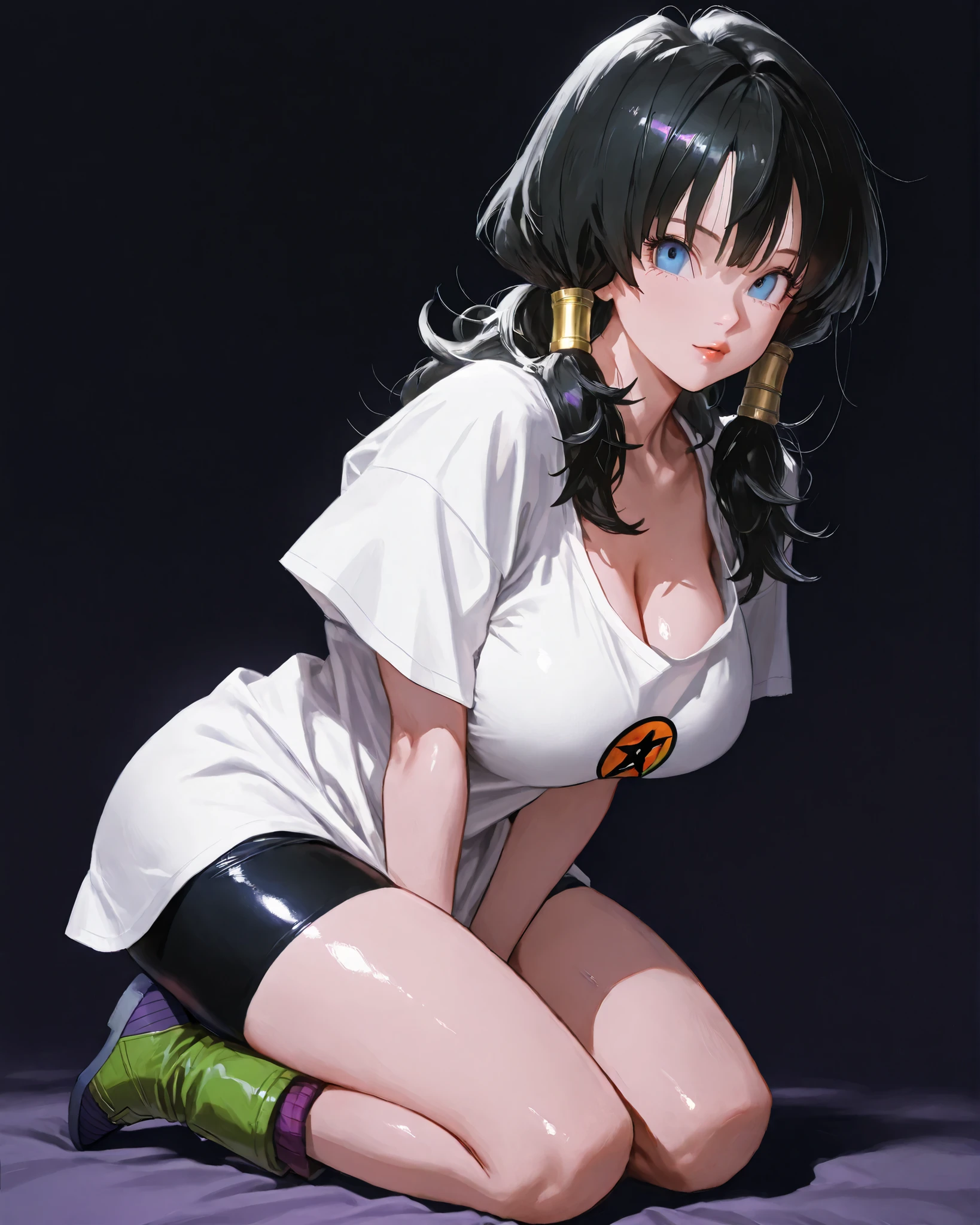 closeup, Sluisap, eyes、usnr、GBF_style、748cmstyle、32K、Semi-realistic、 super detailed description 、Artwork、Original Works、 detailed color、 detailed eyes、 detailed lips 、 The Greatest Masterpiece、Professional work、Big Breasts、 sexy、 Dragon ball z character, Videl , Videl (Videl:1.3 cosplay ) , dark background , cowboy shot, , full frame , full length , shiny body, sexy ,( full body view1:3), wearing loose-fitting, short-sleeved white t-shirt, Black spandex shorts, Green and purple boots with blue soles, kneeling ,full body view , black hair color , blue eyes color , normal breast