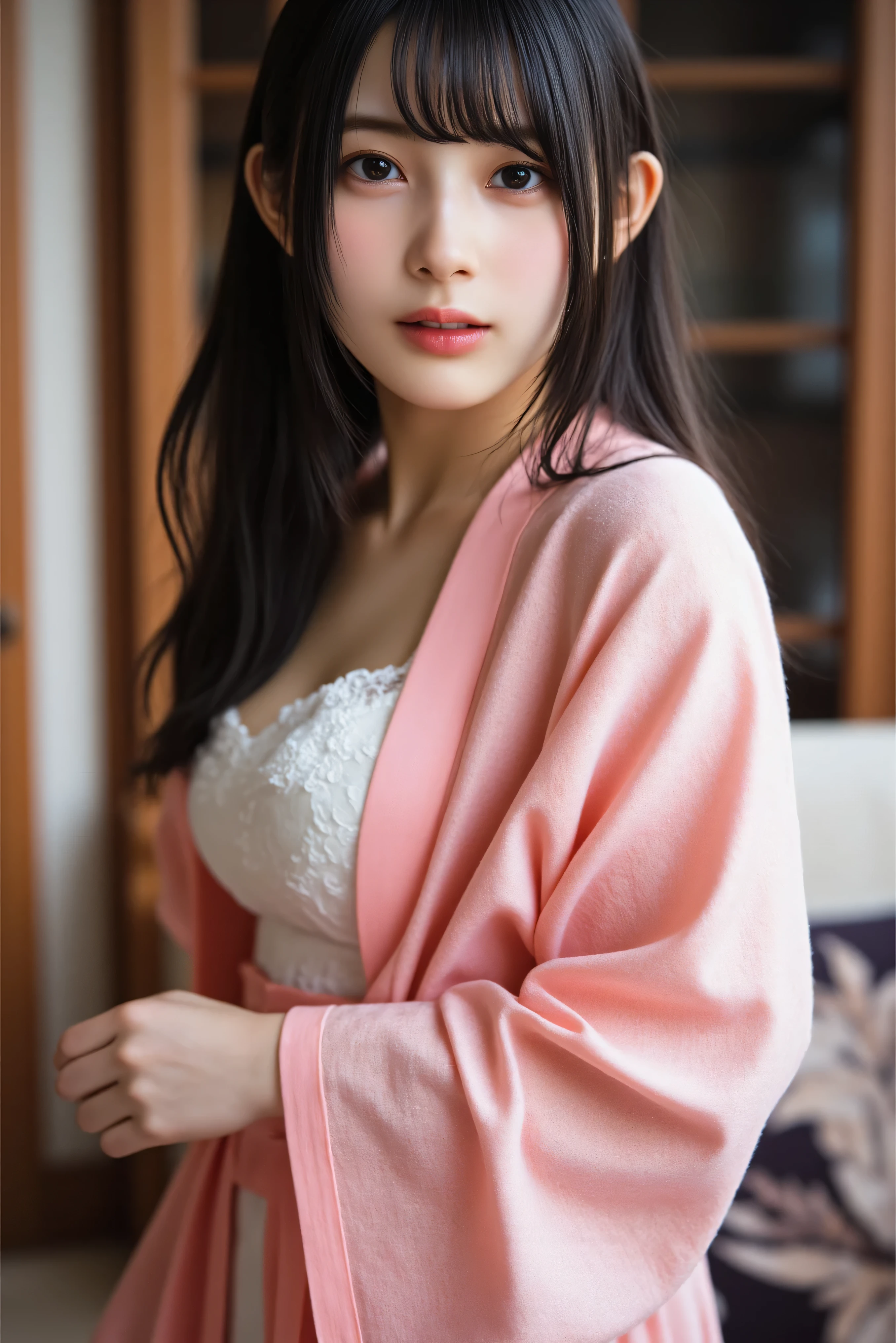 One person girl，Fashion Model，18-year-old，[[[[Cleavage close-up]]]], [[[[Boobgasm]]]], [[[[col]]]], [[[[bs shoulder]]]], Perfect Eyes, Perfect Iris，Perfect Lips，Perfect Teeth，Perfect Skin，White skin，High resolution，Movie Girl，(Delicate face)，(Very clear face)，（The underwear is white），(Raised to be sexy)，(Long hair wrapped in a shawl)，bedroom，（Sitting on her knees on the bed），（Beautiful curves,slim,Attractions），Green tree outside the window々，Fresh flowers，4K Ultra HD, 超High resolution, (Realistically: 1.4), The best quality at its best，masterpiece，（pastel colour：1.2）