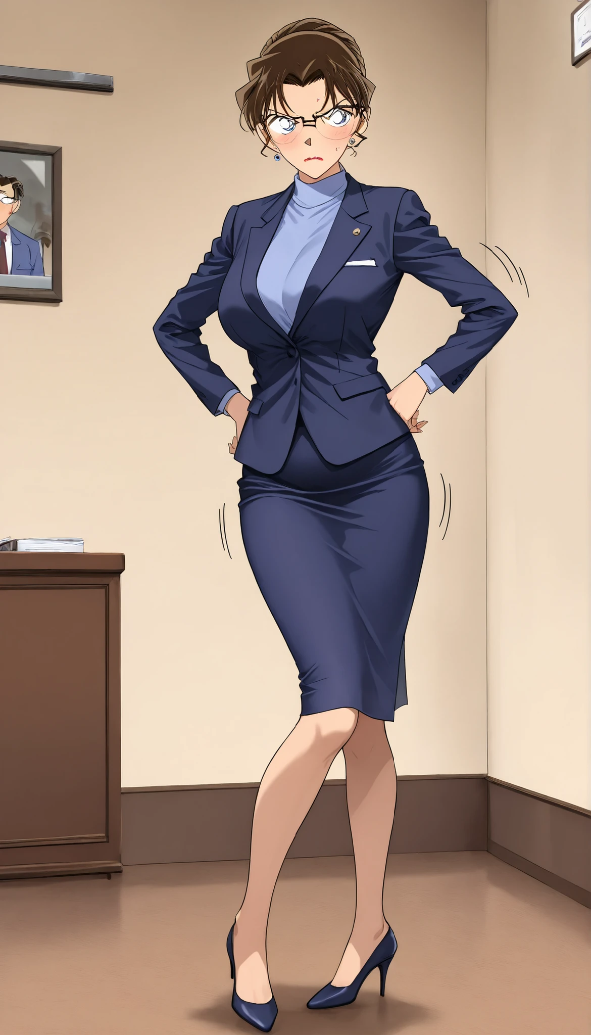 score_9, score_8_up, score_7_up,meitantei conan style,BREAK,1girl,solo,mature female,milf,lawyer,kisaki eri, glasses, hair bun, single hair bun, brown hair, earrings, jewelry, lipstick, breasts, large breasts, medium breasts,BREAK,closed clothes,(suit, tight Skirt),( panties, garter belt, garter hose:0.7),high heels,BREAK,blush,embarrassed,angry,glare,standing,hands on side,(motion lines:1.2),BREAK,indoor, reception room,BREAK,full body,back view