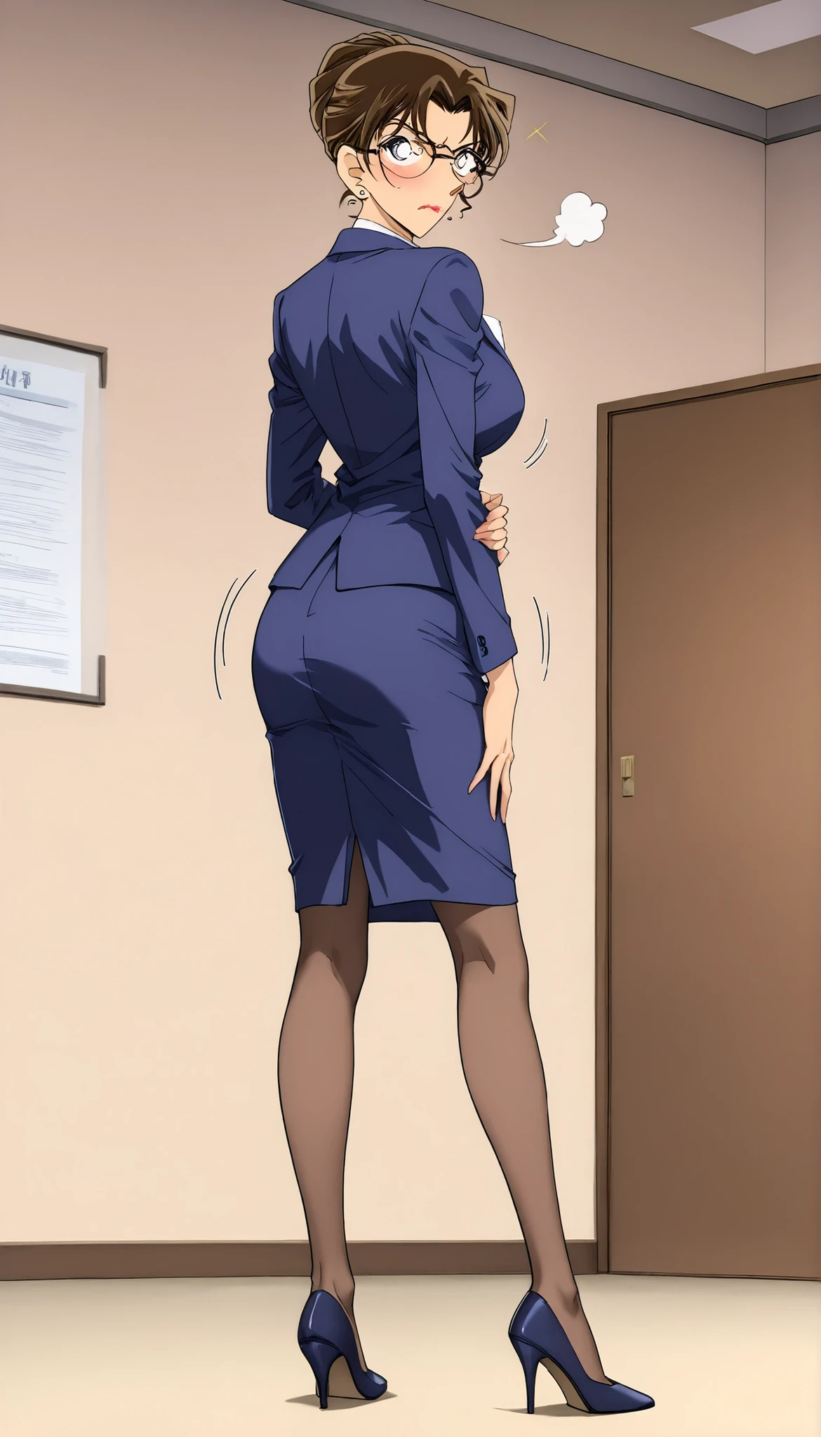 score_9, score_8_up, score_7_up,meitantei conan style,BREAK,1girl,solo,mature female,milf,lawyer,kisaki eri, glasses, hair bun, single hair bun, brown hair, earrings, jewelry, lipstick, breasts, large breasts, medium breasts,BREAK,closed clothes,(suit, tight Skirt),( panties, garter belt, garter hose:0.7),high heels,BREAK,blush,embarrassed,angry,glare,standing,hands on side,(motion lines:1.2),BREAK,indoor, reception room,BREAK,full body,back view