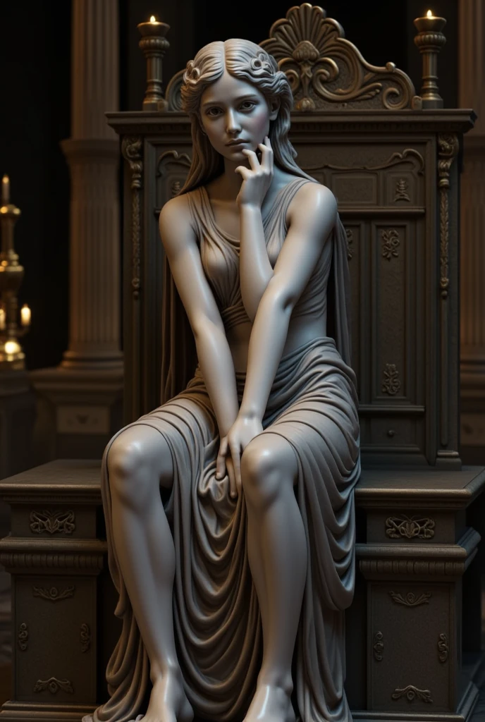 Ancient Greek female statue, white plaster statue, Ambiente escuro, ao ceu aberto, pose sensual, corpo a mostra, 35 mm, ((corpo inteiro)), frontalmente, com corpo extremamente detalhado, Colors with low saturation with dark tone, Filmado em Sony A7S III com Sony FE 35mm f/1.8, 12.1 MP, --AR 3:2 --estilo cru