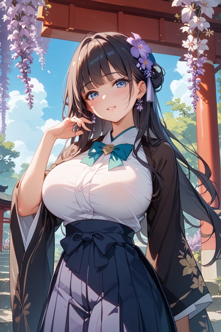 ((huge breasts)), beautiful breasts、(big breasts),Super detailed、#3b4195 background、Beautiful flowers、berry、Fern、leaf、Watercolor pattern in calm colors、(watercolor texture)、(1 girl)、long hair、cute、 short petite pretty woman, 、 Super-detailed face、detailed eyes, Smooth skin,(Japanese detailed uniform)