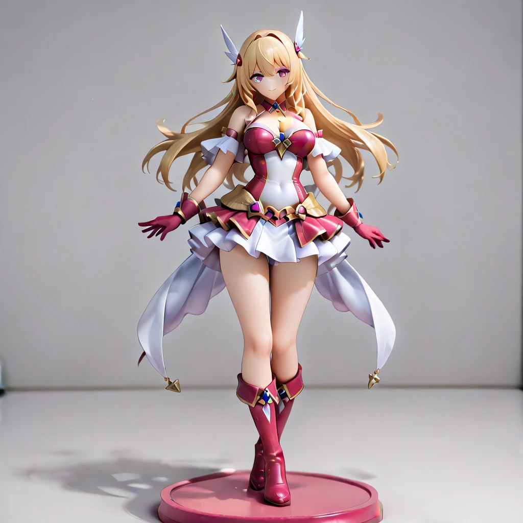 a beautiful detailed portrait of Kudelia Aina Bernstein from Gundam IBO, (Whole body view:1.3), yellow blonde hair in single thigh-length braid, 1/4 walking right pose, viewing from slightly below, smirking facial expression, dress lifted revealing tight white thigh high boots and a glimpse of red thong underneath, round hips, highly detailed, intricate details, cinematic lighting, spaceship hangar Bay interior