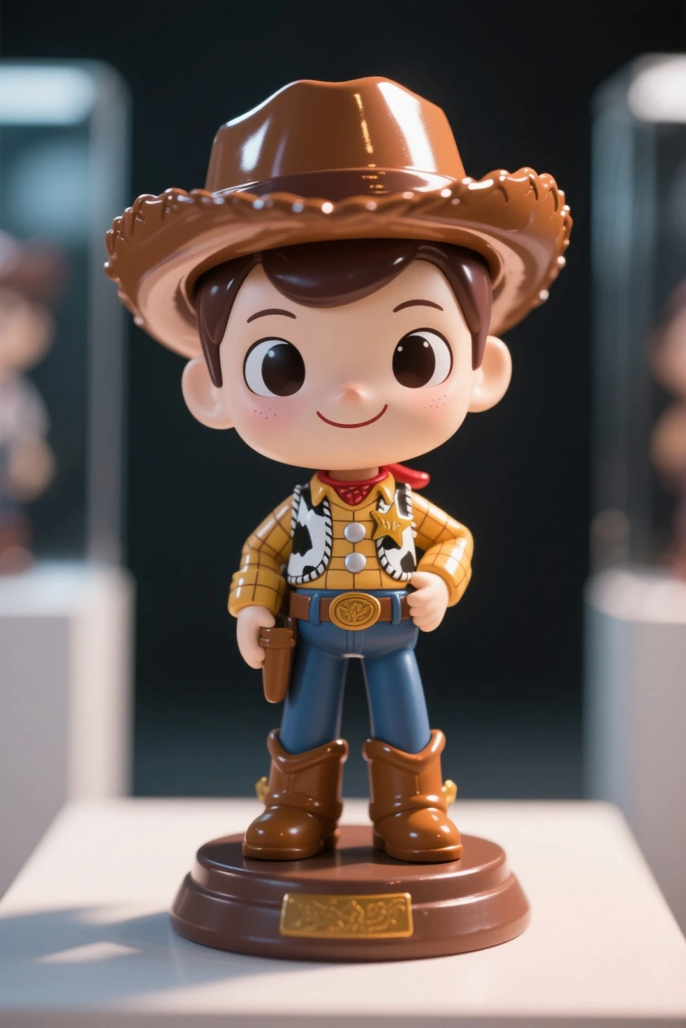 cria o personagem woody do toy story com um short azul, yellow t-shirt and his vest and a hat 