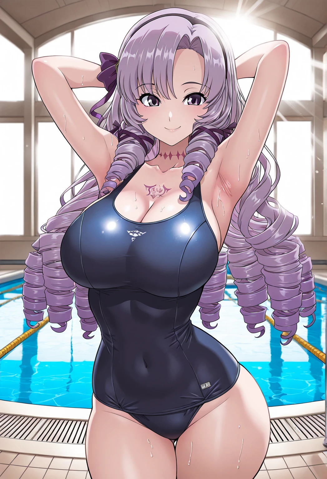 (masterpiece:1.4、top-quality、illustration:1.4,realistic、)、(character focus、breast focus,cowboy shot:1.3)、(1girl),(Open mouth happy smile:1.3),(half closed eyes),cute face,blue eyes、()、
,(stand:1.4),(Shining smile),
,(slender),(high neck halter swimsuit:1.3),(pink long hair:1.6,forehead:1.3),(single braid:1.3), (large breasts:1.3)、
、slender、pool,、