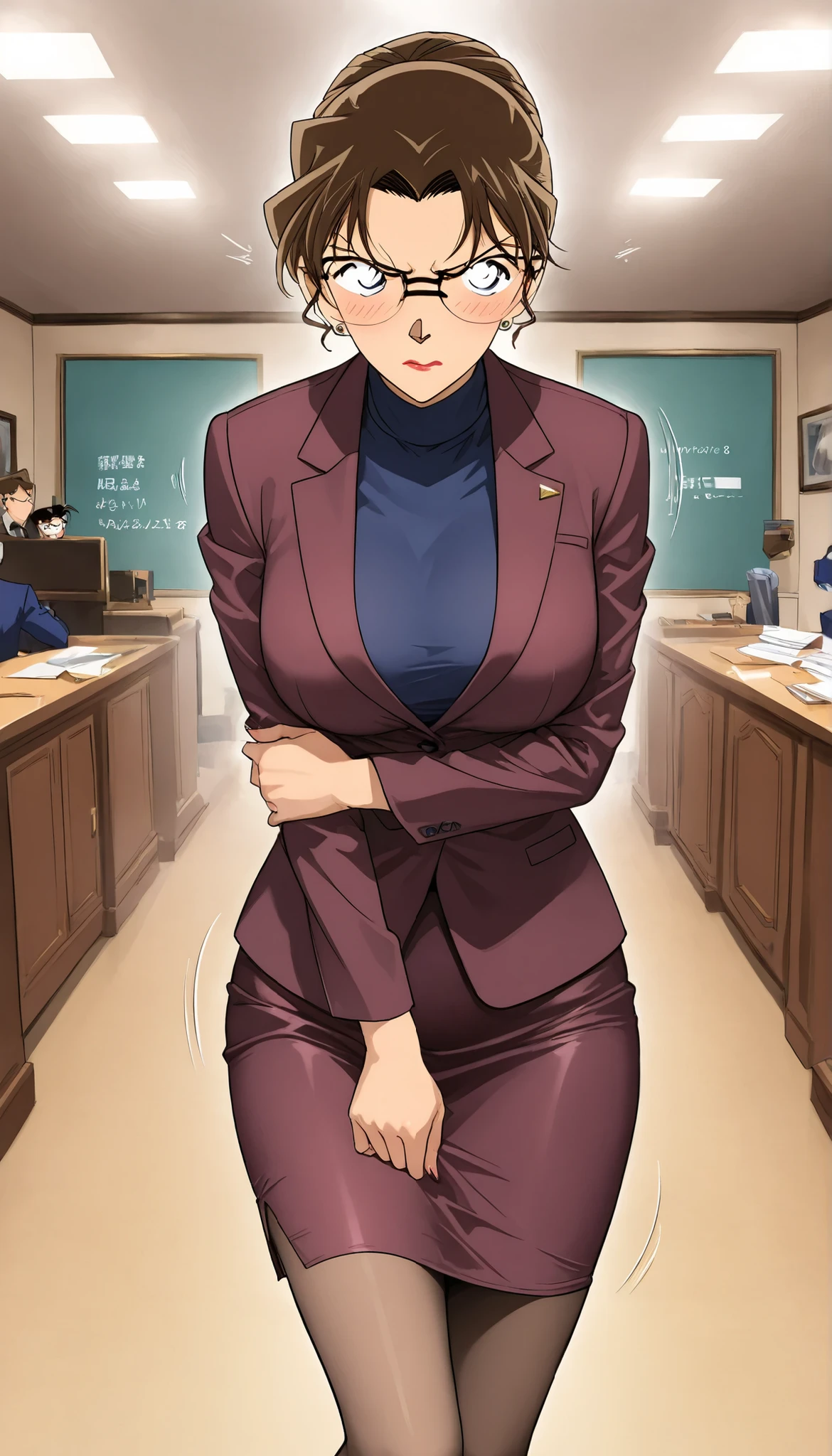 score_9, score_8_up, score_7_up,meitantei conan style,BREAK,1girl,solo,mature female,milf,lawyer,kisaki eri, glasses, hair bun, single hair bun, brown hair, earrings, jewelry, lipstick, breasts, large breasts, medium breasts,BREAK,closed clothes,(suit, tight Skirt),( panties, garter belt, garter hose:0.7),high heels,BREAK,blush,embarrassed,angry,glare,standing,hands on side,motion lines,BREAK,indoor, reception room,BREAK,cowboy shot,front view,below view