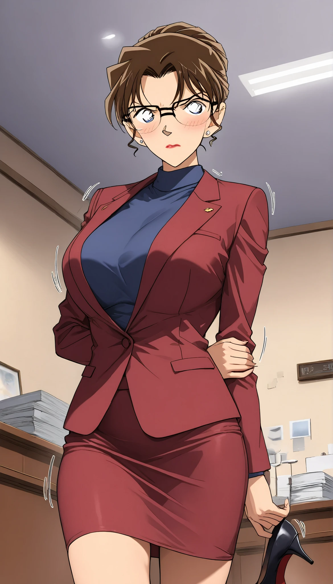 score_9, score_8_up, score_7_up,meitantei conan style,BREAK,1girl,solo,mature female,milf,lawyer,kisaki eri, glasses, hair bun, single hair bun, brown hair, earrings, jewelry, lipstick, breasts, large breasts, medium breasts,BREAK,closed clothes,(suit, tight Skirt),( panties, garter belt, garter hose:0.7),high heels,BREAK,blush,embarrassed,angry,glare,standing,hands on side,motion lines,BREAK,indoor, reception room,BREAK,cowboy shot,front view,below view