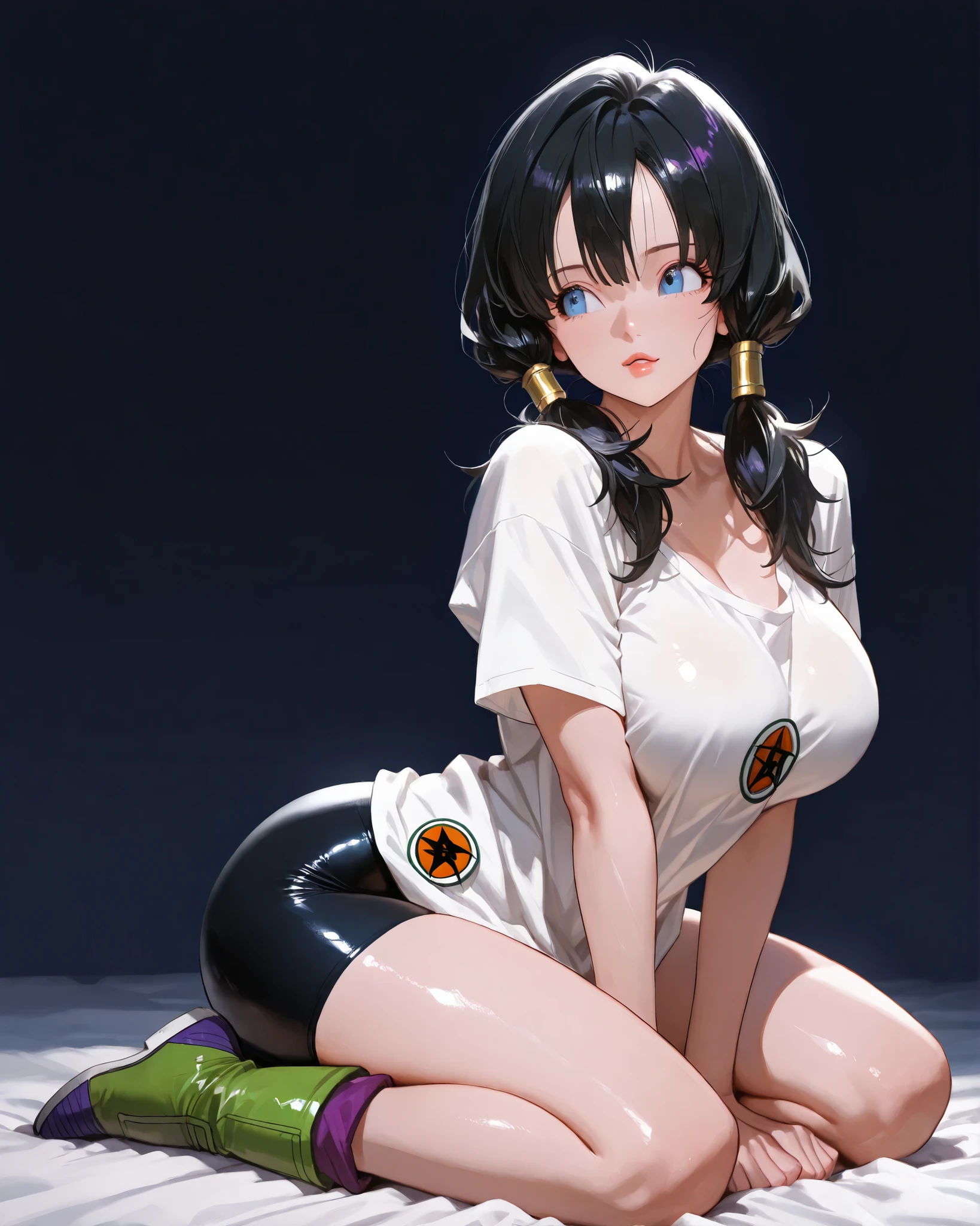 closeup, Sluisap, eyes、usnr、GBF_style、748cmstyle、32K、Semi-realistic、 super detailed description 、Artwork、Original Works、 detailed color、 detailed eyes、 detailed lips 、 The Greatest Masterpiece、Professional work、Big Breasts、 sexy、 Dragon ball z character, Videl , Videl (Videl:1.3 cosplay ) , dark background , cowboy shot, , full frame , full length , shiny body, sexy ,( full body view1:3), wearing loose-fitting, short-sleeved white t-shirt, Black spandex shorts, Green and purple boots with blue soles, sitting on all fours , arched back , full body view , black hair color, low pigtails , blue eyes color , normal breast