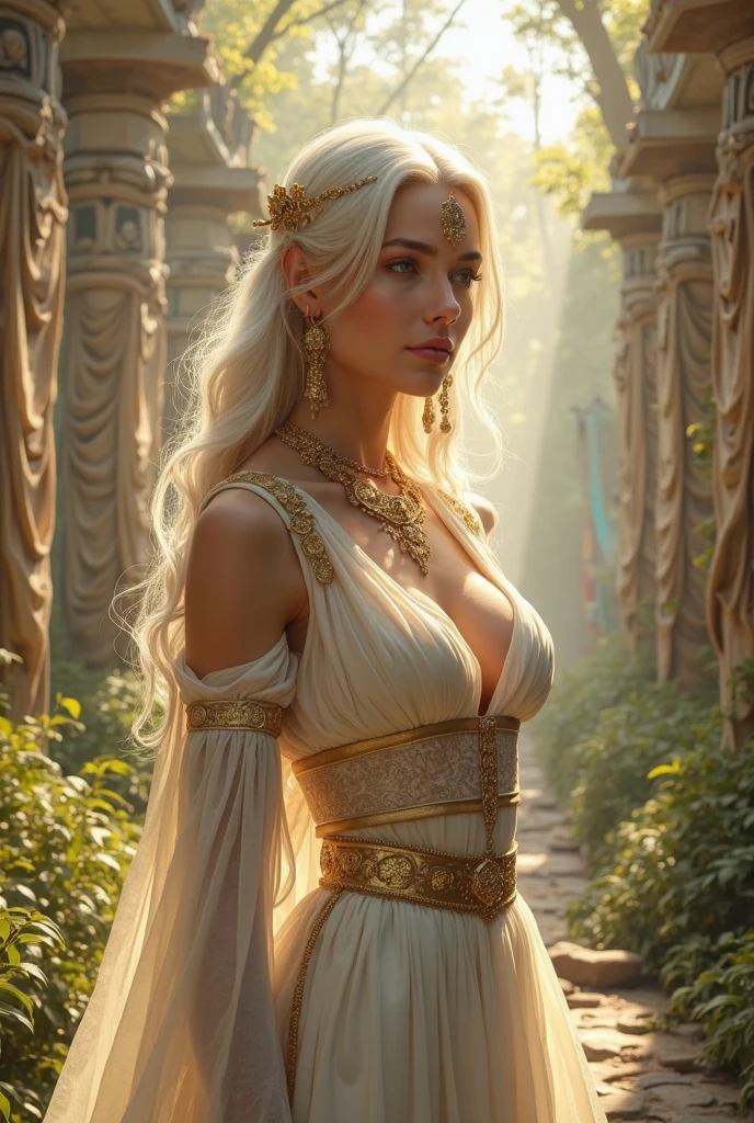 Eastern Elf, voluptuous body, ponytail hair, clear eyes, Arcane gold dress, amuleto, brincos, botas