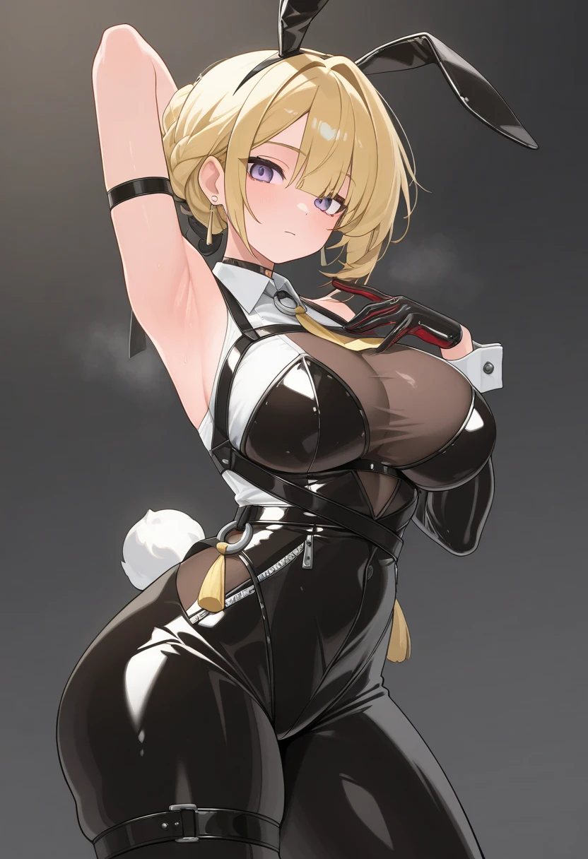 score_9, score_8_up, score_7_up, score_6_up, score_5_up, score_4_up, source_anime, BREAK, seras victoria, hellsing, looking at viewer, pointing at viewer, pointing, holding laugh, giggle,, face closeup, closeup,  pointing at viewer, humiliation, blonde hair, dark blonde hair, indoors, castle, purple eyes, shy, smug, closed mouth, large breasts, nipple pasties, bunny ears, fake bunny ears, latex