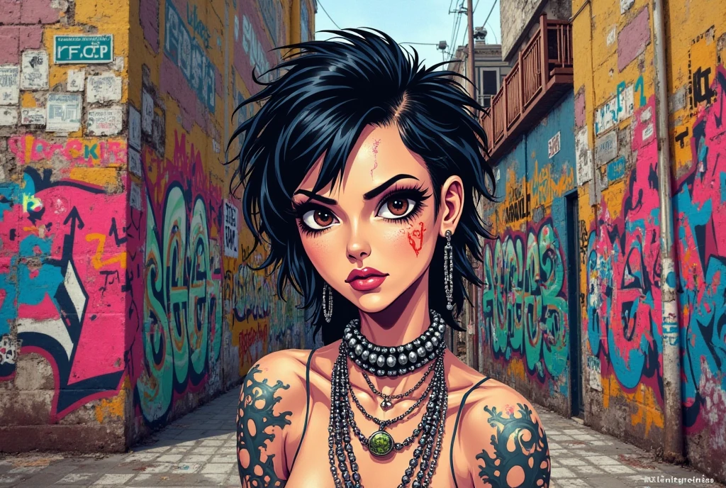 A skinny girl in shorts and sweatshirts smoking cigarettes with a sexy face in the favela looking at the city of São Paulo   ,estilo visual ciber punk ,estilo de desenho anime cenario de guerra
