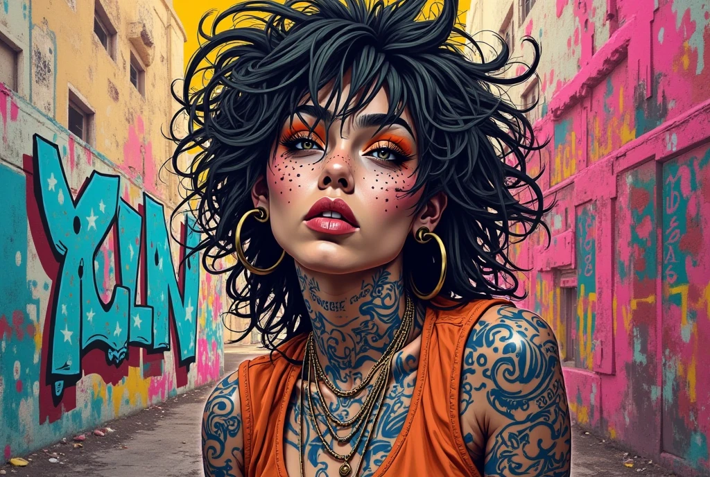 full bodu, urban scene, (1 lady, alone, curvy upper body, large) very beautiful, very sexy, close-up, experiments with appearance: long curly hair, dramatic makeup, unconventional fashion choice behavior: punk, non-conformity, location of provocation: demon eyes, urban art district、 (art inspired by Bill Sienkiewicz, intricate details, oil painting). (best quality,4k,8k,highres,masterpiece:1.2),ultra-detailed,(realistic,photorealistic,photo-realistic:1.37),intricate details,vivid colors,sharp focus,professional,Dave McKean artwork, oil touch of surrealism,oil painting style
