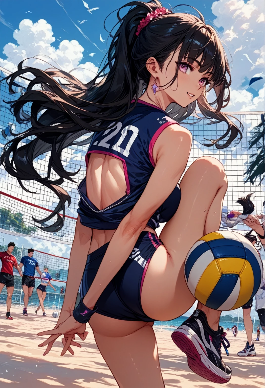 solo / one girl / / Brown eyes, long dark hair, / big tits / girl with、lighting like a movie、The bikini、beachvolley、beach volley ball、spring、jump、、jump、shout out、 