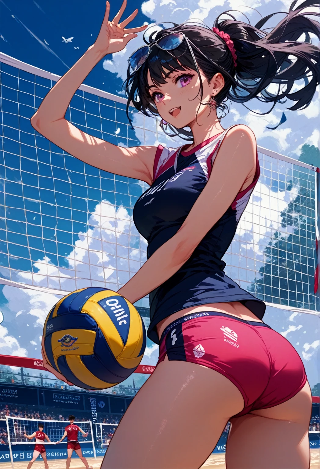 masterpiece, best quality, high resolution, ultra-detailed,,perfect face,slender perfect body, Tight belly,Toned buttocks,Constricted waist,(((5 girl to race))), 17yo,(pink:-1.5) (blue:-1.5) hair, (braided short hair), shy daughter, short stature, small tits,(flom indoor volleyball court), (volleyball athlete), small tits, short pants spats show off, short pants,(Cameltoe), spats,focus, looking at viewer, (wet:1.4) hair and skin, volleyball,((covered erectile clothes)),((very wide shot )),(back shot)