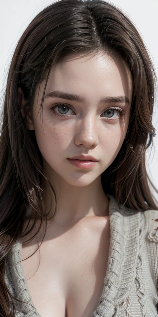 a young woman with curly brown hair, light eyes, freckles on her face, a triangular face, medium/large breasts, (best quality,4k,8k,highres,masterpiece:1.2),ultra-detailed,(realistic,photorealistic,photo-realistic:1.37),portrait,highly detailed, intricate details,warm colors, natural lighting, photorealistic,elegant,beautiful face and figure,detailed skin texture,detailed hair strands
