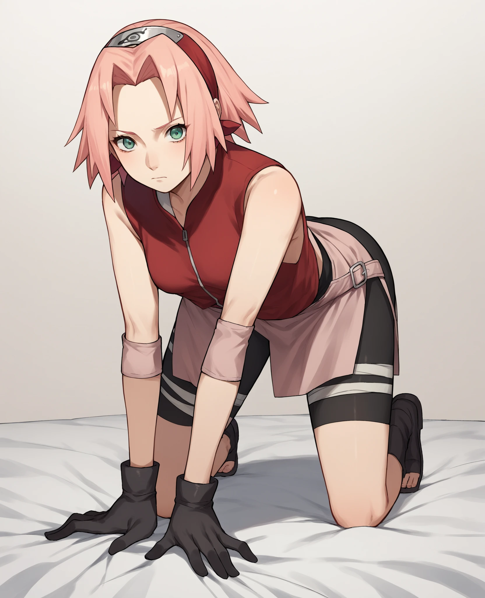 score_9, score_8_up, score_7_up, score_6_up, score_5_up, score_4_up, BREAK, source_anime,
1girl, haruno sakura, pink hair, short hair, green eyes, sleeveless, red shirt, forehead protector, beautiful legs, black gloves,
pussy, bottomless, full body, solo, konohagakure background, on bed, shy face, standing, leaning forward