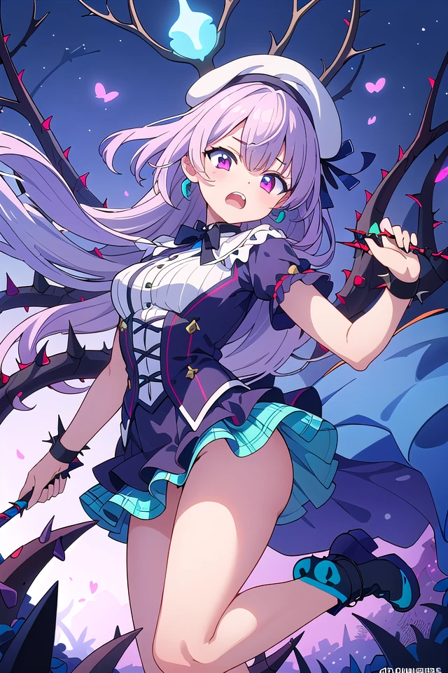 A sad purple-haired magical girl who is surrounded by black butterflies and has a red ribbon on her head and uses mirrors as weapons