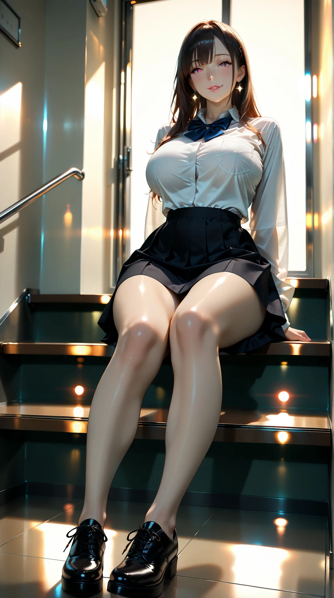 realistic, 1 women, best quality, 12k, HD, long hair, (big round breasts:1.5), cleavage, ponytail, necklace, jewelry, shorts, short jacket, slim hips, hair tie, yellow eyes, black hair, super detailed, Eye details, hair details, person details, mouth details, face details, breast details, clothes details, hair details, pants details, hand details, whole body