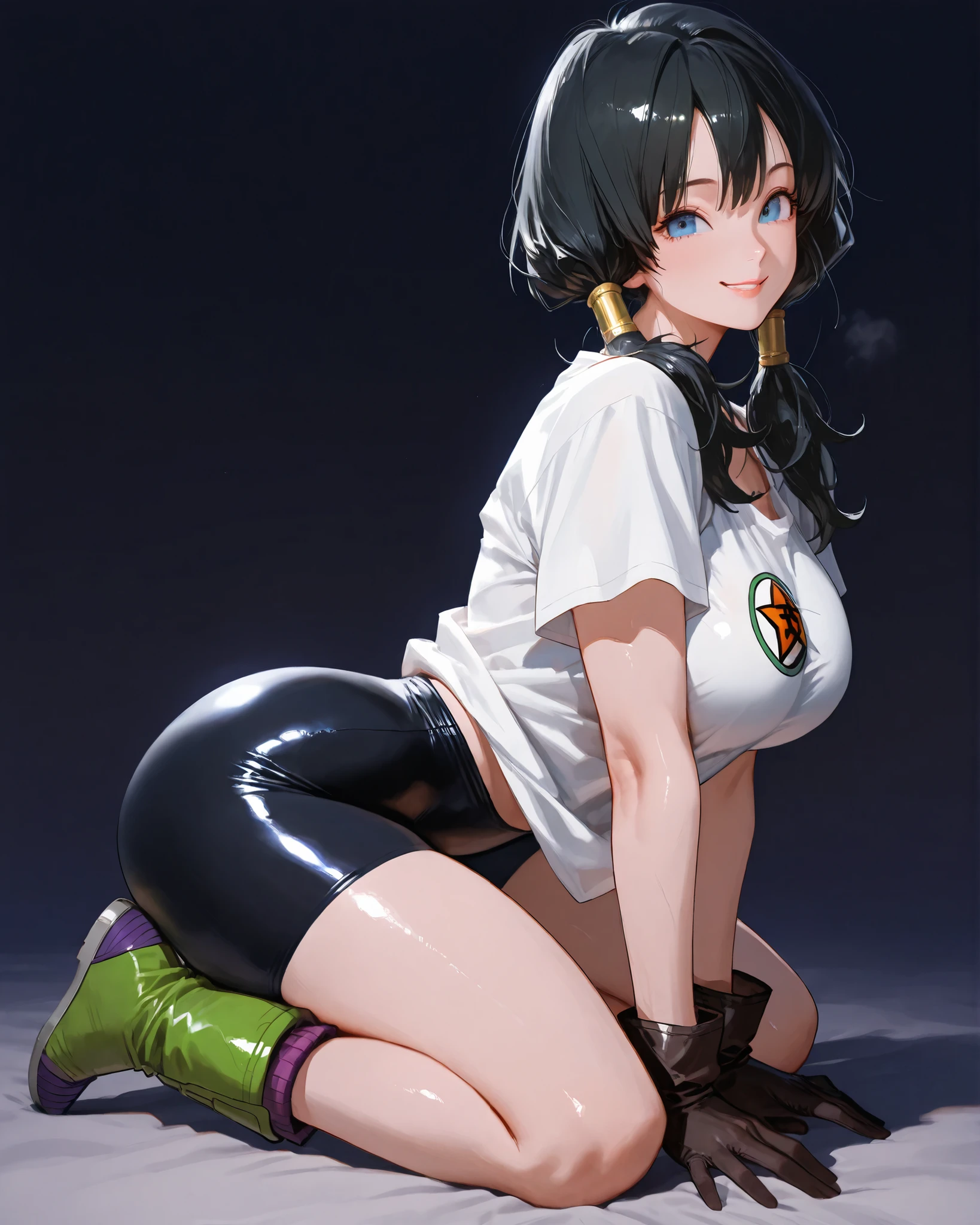 closeup, Sluisap, eyes、usnr、GBF_style、748cmstyle、32K、Semi-realistic、 super detailed description 、Artwork、Original Works、 detailed color、 detailed eyes、 detailed lips 、 The Greatest Masterpiece、Professional work、Big Breasts、 sexy、 Dragon ball z  character, Videl , Videl (Videl:1.3 cosplay )  , dark background ,  cowboy shot,  , full frame , full length , shiny body, sexy ,( full body view1:3), wearing loose-fitting, short-sleeved white t-shirt, black gloves , Black spandex shorts, Green and purple boots with blue soles, sitting on all fours , arched back , full body view , (black hair color:1.3) low pigtails  , blue eyes color , normal breast , looking at the viewer , smile 