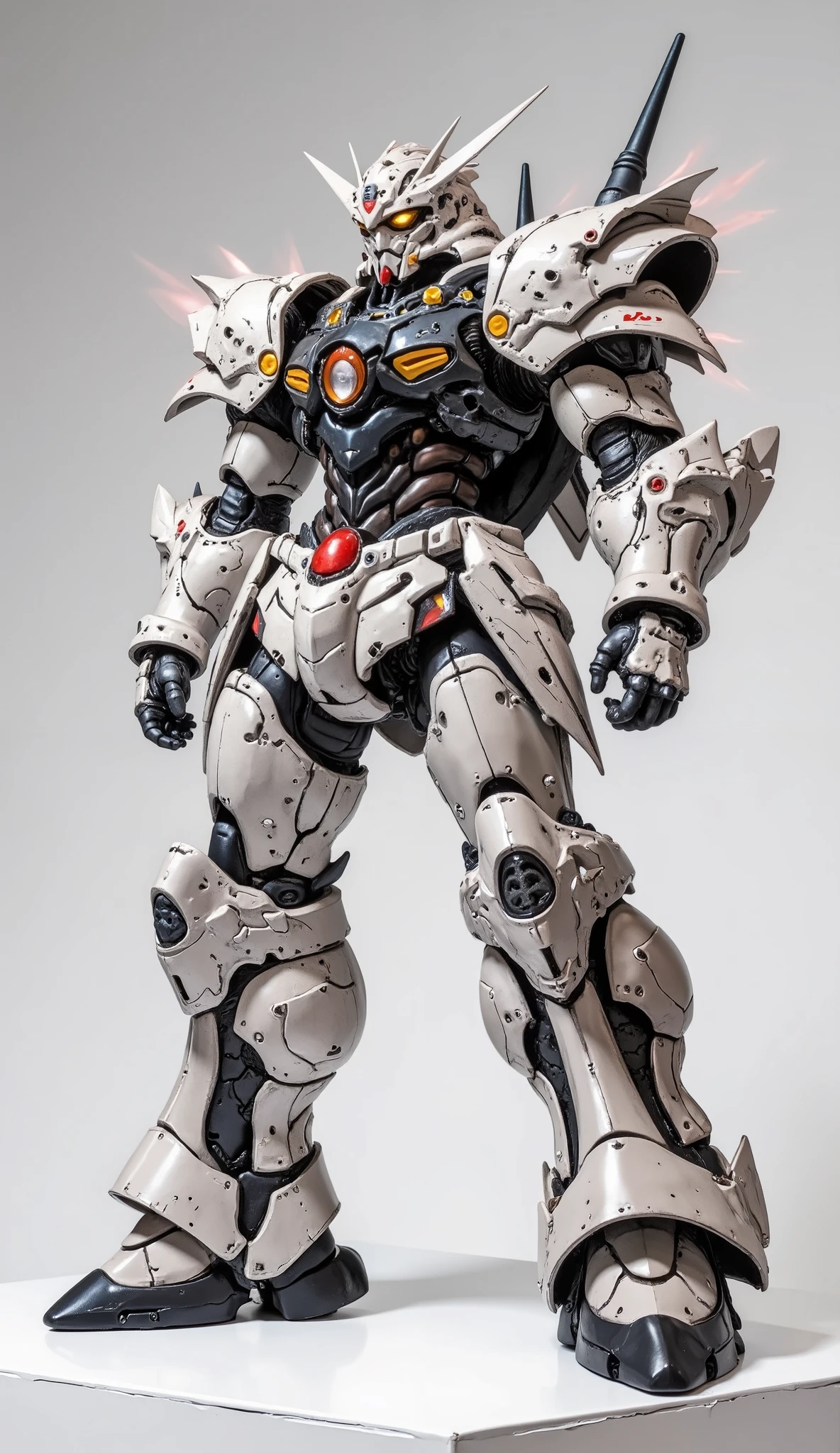 Commercial product shot of a highly articulated mecha action figure, ABS material. The figure embodies a unique design fusion: Armored Stormtrooper precision, Blood Demon's raw, demonic power, and Evangelion's sleek biomechanical aesthetic. Features ultra-fine details, flawless hand craftsmanship, and dynamic energy FX parts. Presented in a powerful action stance on a clean display pedestal. Studio setting with a pure white background and perfectly even, diffused lighting. Hyper-realistic rendering, cinematic atmosphere, tack-sharp focus, 8K resolution, masterpiece.