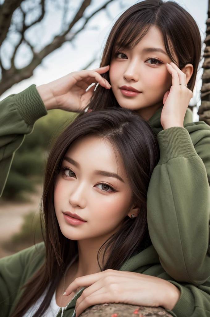 ((top quality, 8k, masterpiece: 1.3)), 1 woman, beautiful girl with feminine abs: 1.3, (big: 1.2), wet coat: 1.1, ultra-detailed face, highly detailed lips, detailed eyes, double eyelids, rain, big tree, nature, beautiful body, cloudy,