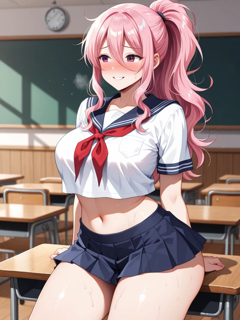 {{{masterpiece}}}, {{{best quality}}}, {{ultra-detailed}}, {illustration}, {{an extremely delicate and beautiful}}, (beautiful detailed eyes:1.6), extremely detailed face, 8k, anime face, nodoka haramura(Saki), cute face, blue eyes, hair bow, long hair, pink hair, red bow, large breasts, thin waist, big hips, curvaceous, {kiyosumi high school uniform}, {school uniform}, serafuku, short length serafuku, short sleeve, red long neckerchief, navel, blue skirt, pleated skirt, microskirt, G stockings, white stockings, thighs, zettai ryouiki, BREAK, standing, embarrassed, flushed cheeks, indoor, daytime, in the classroom, mahjong table, mahjong tiles, have mahjong tiles