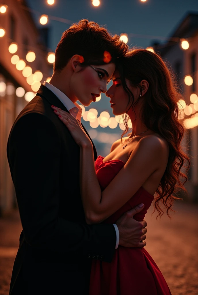 A couple hugging on the street at night, They both wear a mask on their face. The girl is wearing a sensual red dress with a large neckline on the right leg and the man is wearing an elegant red suit.. They both look at each other with lust and passion as they hug and smile..