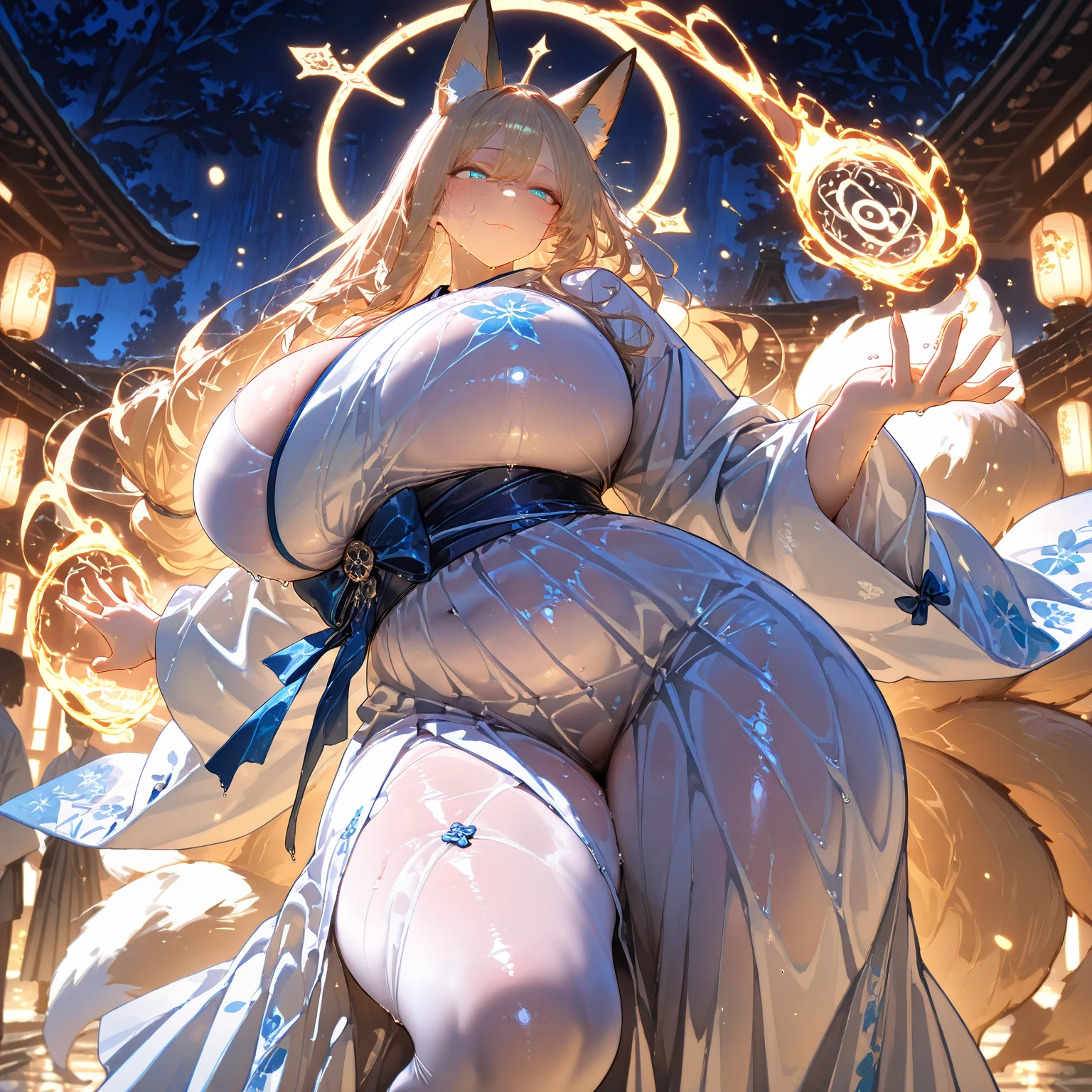 Very voluptuous moon goddess, with huge breasts, white long hair, white skin, brown eyes and a receptive and warm smile, revealing black dress, open arms, liberated, attractive, lascivious and attractive face, Lovingly looking at the camera, going to hug the viewer, maternal aspect, nature landscape around, Garland on head of orange flowers