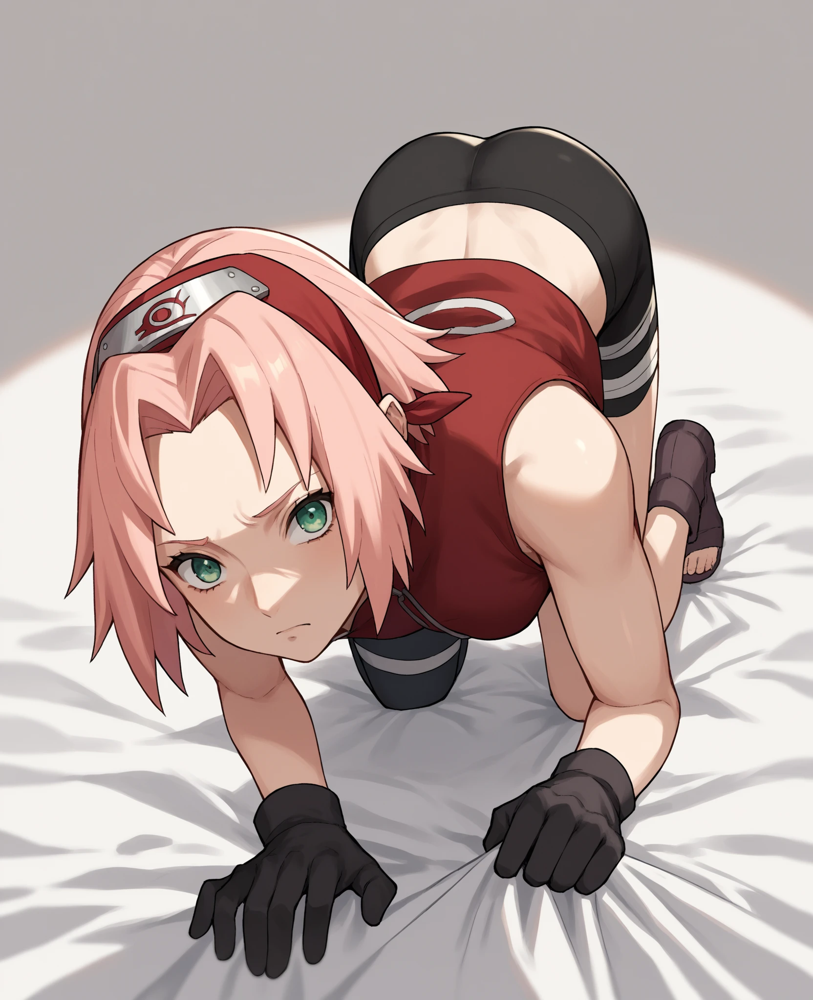 score_9, score_8_up, score_7_up, score_6_up, score_5_up, score_4_up, BREAK, source_anime,
1girl, haruno sakura, pink hair, short hair, green eyes, sleeveless, red shirt, forehead protector, beautiful legs, black gloves,
pussy, bottomless, full body, looking at viewer, solo, konohagakure hidden village background. BREAK all fours ass up, fellatio, oral, 1boy, pov