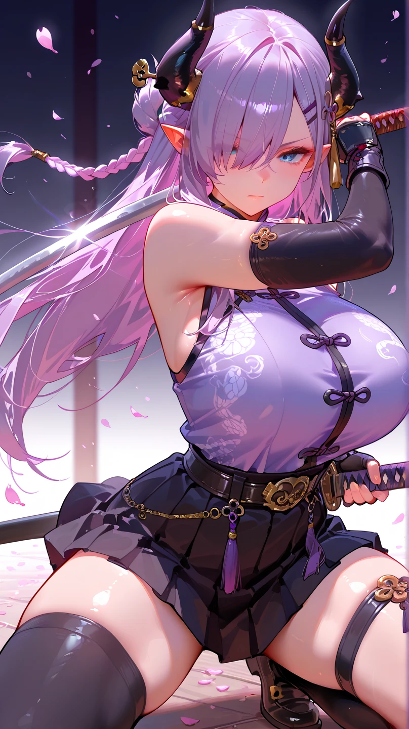 4K.hight resolution,One Woman,slightly white purple hair,Long ponytail,huge tit,White samurai clothes,no sleeves,White hat,knifes,uni