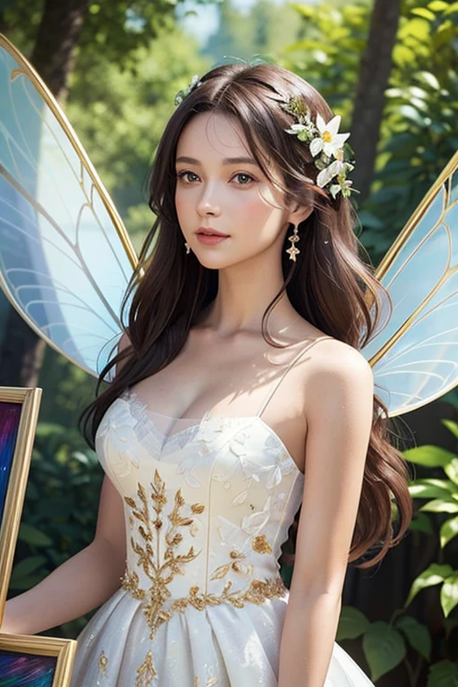 Masterpiece, Highest quality, (((Masterpiece))), (((Maximum level))), ((extra fine)), (illustration), ((Extremely delicate and beautiful)), Dynamic Angle, Floating, (Fairy wings: 1.4), (Beautiful detailed eyes), (Detailed light), (1 girl), Medium bust, Medium long hair, dark brown sparkling eyes, Dark brown hair, Bodycon dress, Natural, (Sunlight), (Painting), (Sketch), (flower), Slight smile, Pastel colors, full anatomy, Upper body, highly detailed beautiful face,
