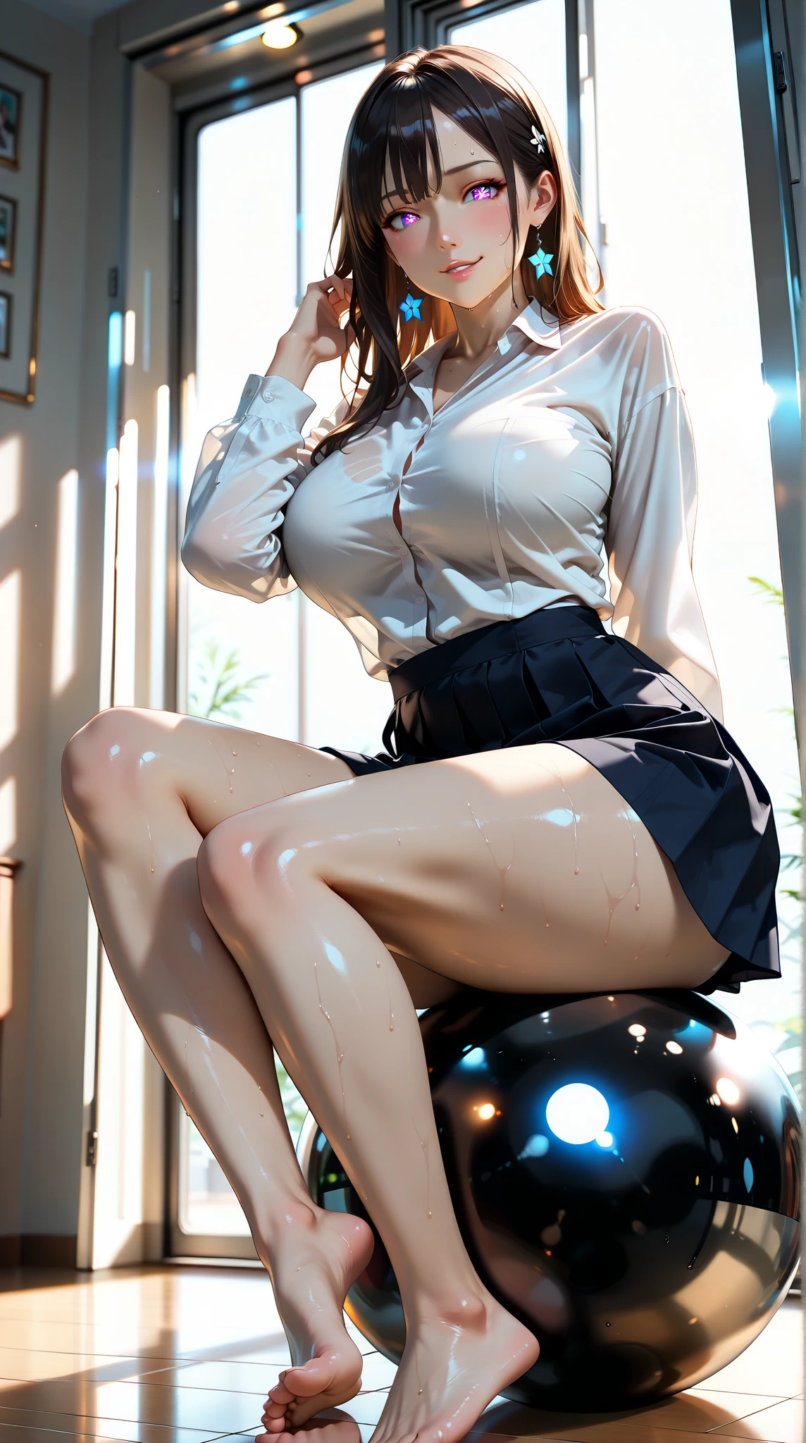 lighting like a film, maximum quality, (1 woman), naked, squatting and spreading legs, spreading legs, ashamed of, school pool, Eyes from below, full of sweat, A brunette, Wearing sweat, which butt