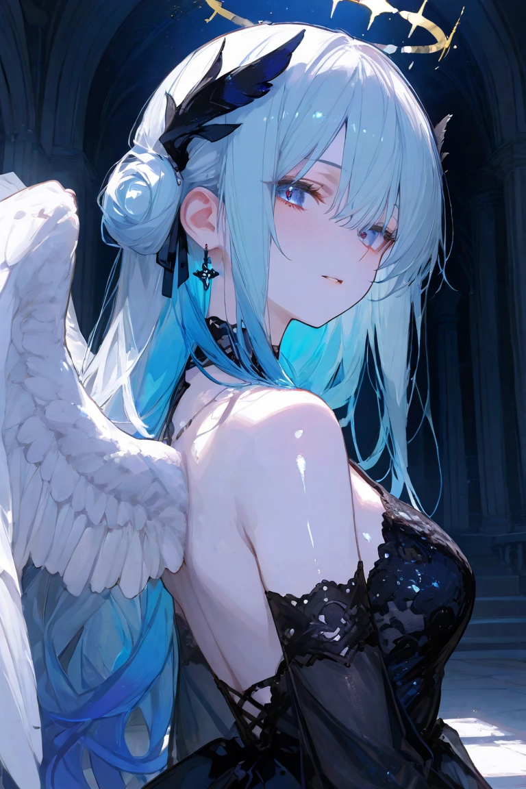 ((masterpiece, best quality)), Detailed face，Final Fantasy，Rinoa，whole body，Perfect body proportions，Blink，halo above head，Fantasy style，extremely beautiful，transparent，Sexy Lingerie，Lace，Garter stockings
